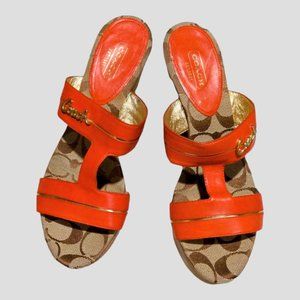 COACH Jonah women's sandals Size 8 B orange wooden wedge heels slip-on